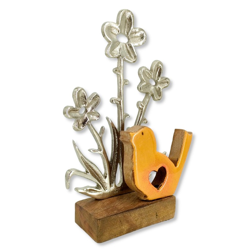 Wooden and Metal Bird Orange with Flowers 14 x 23