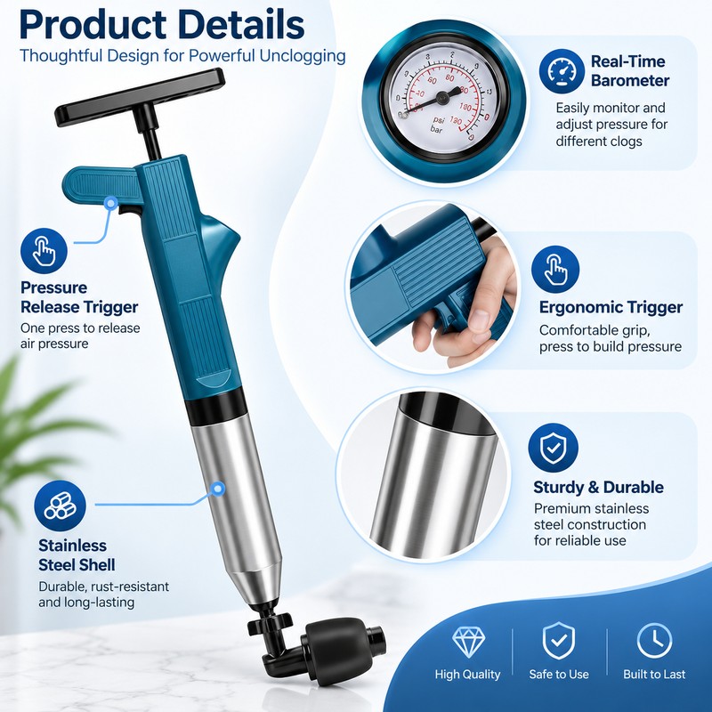 Pneumatic Drain Blaster for Clogged Toilets & Sinks – Stainless
