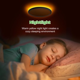 zemty 7 Inch Flush Mount Ceiling Light Fixture with Night Light 1800K, 3000K/4000K/6500K Selectable Ceiling Lights, Low Profile Ceiling Lighting for Bedroom Bathroom Kitchen-Black