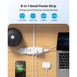 TROND Flat Plug Power Strip 5FT, Small Flat Extension Cord with Multiple Outlets, 4 AC and 4 USB Ports (2 USB C), Wall Mount 900J Surge Protector for Home Office Travel Dorm Room Essentials, White