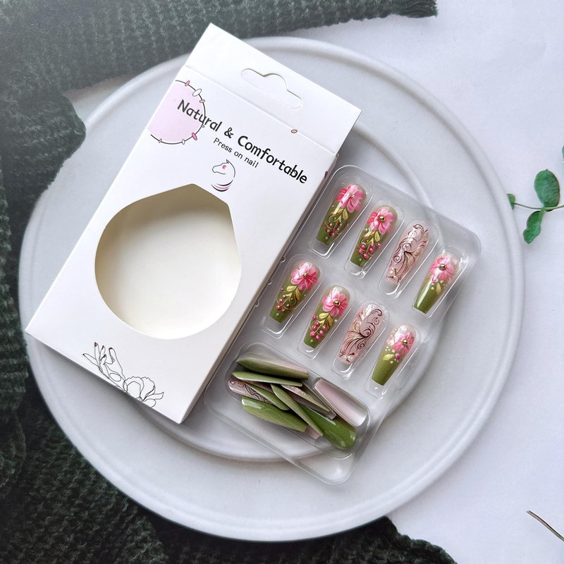 Spring Press on Nails Long Coffin Fake Nails Glossy Green