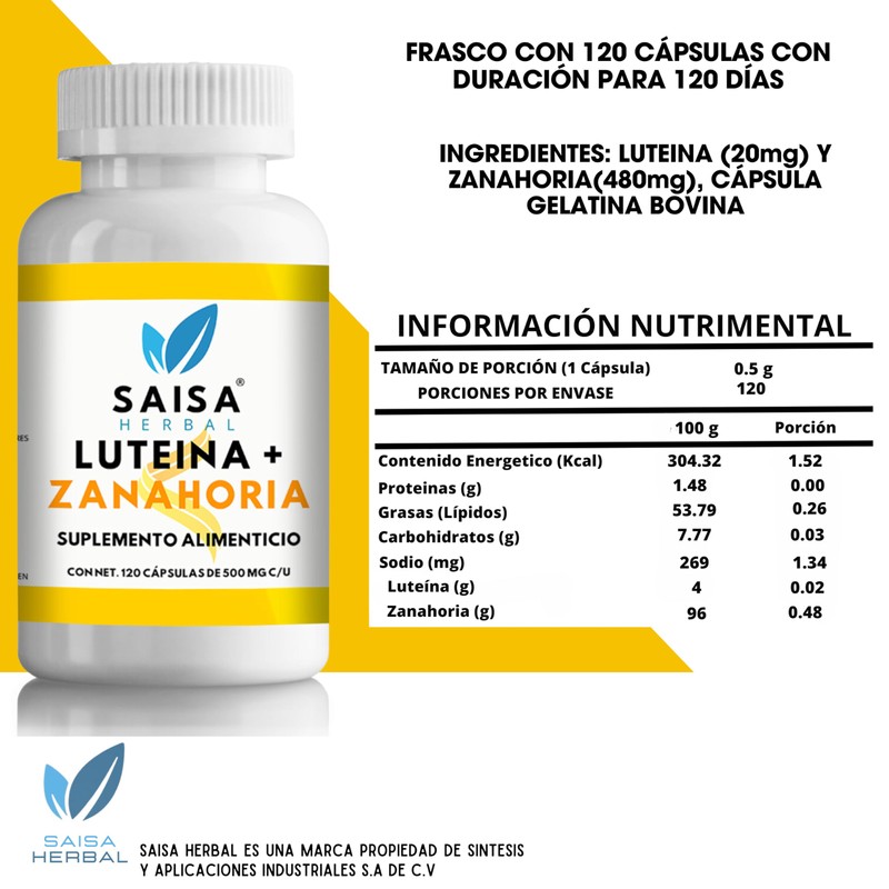 Luteína Y Zanahoria Con 120 Capsulas Saisa Herbal Visión+