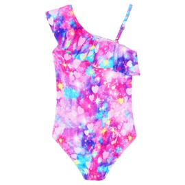 Snowheart Girls Swimsuit Adjustable Shoulder Strap UPF50+ One-Shoulder Ruffle Bathing Suit 3-12T