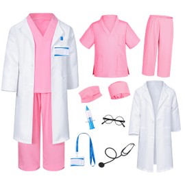 Doctor Costume for Kids Scrubs Pants with Accessories Set Children Party Cosplay Pink 10-12 Years