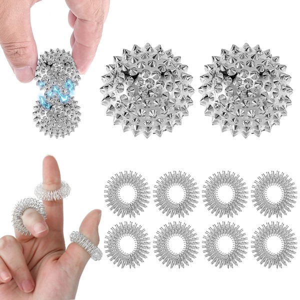 2Pcs Spiky Sensory Magnetic Acupressure Balls with 8Pcs Acupressure Finger Rings Set, Silver Spikey Fidget Ring Hedgehog Massage Ball for Stress Relief and Massager Improves Blood Circulation