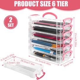 MUXHEL 12 Pack Plastic Pencil Box Clear Pen Storage Organiser with Lid Stackable Portable Pencil Storage Box with Handle for Office Home & School-21.5x10x20.5cm