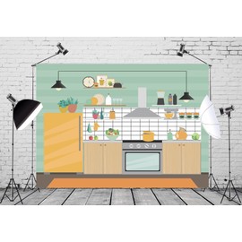Loccor 8x6ft Fabric Modern Kitchen Interior Backdrop Green Panel Wall Oven Cooking Tools Cartoon Kitchen Photography Background Cooking Party Decorations Mother Kids Family Portrait Photo Studio Props