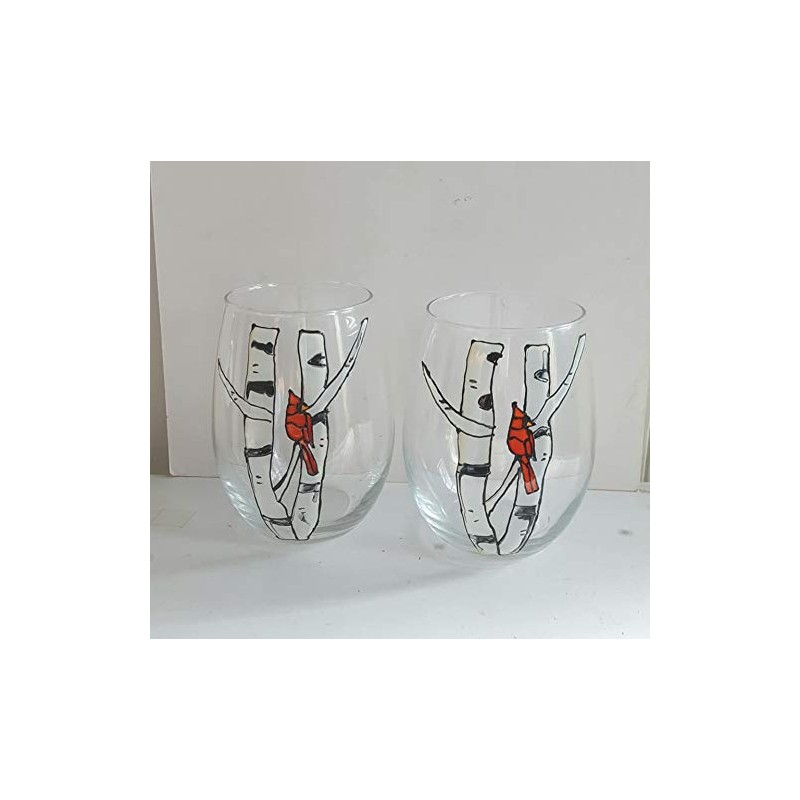 Red Cardinal Bird Birch Tree Hand Painted Stemless Wine Glasses