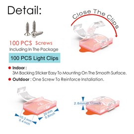 LED Strip Light Self-Adhesive Mounting Brackets and Clips,LED Strip Light Holder,Cable Wires Organizer Clips for Vehicle,Cabinet,Under-Counter, Indoor,Outdoor (Clear 100PACK With 100Screws)