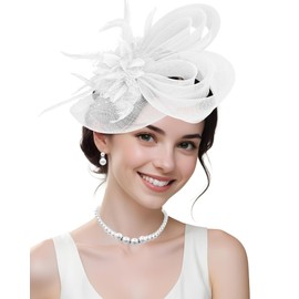 White Fascinator and Lace Gloves Set for Women,Feather Floral Hairpiece with Veil Mesh, Tea Party, Spring Cocktail, First Communion Accessories