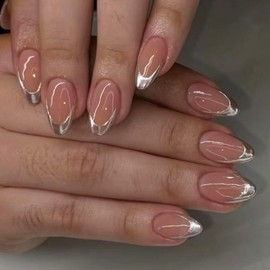 Ceboic 24 Pcs French False Nails Short Almond Press on Nails Glossy Silver Fake Nails with Glue Sticker Acrylic Full Cover Glue on Nails Artificial Stick on Nails for Women Girls Manicure Decoration