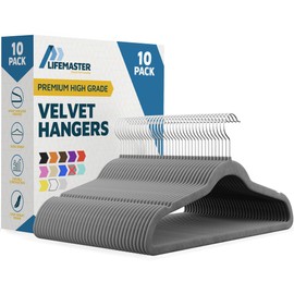 Lifemaster Velvet Clothes Hangers – with 360 Degree Swivel Hook and Non-Slip Shoulder Notch, Holds Up to 10 lbs, Heavy Duty Hanger Set, for Organizing Suit, Dress, Coat, and Clothes, Pack of 10, Gray