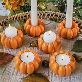 Kate Aspen 2-in-1 Orange Pumpkin Candlestick Holders, Taper Candle, Tealight & Votive Candle Holders (Set of 6), Dining Table Decor, Shelf Decor, Centerpiece