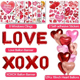 WOHOHOHO 181Pcs Valentines Day Window Clings Decorations, 10 Sheets Valentine's Day Window Stickers, LOVE & XOXO Banner, 12Pcs Heart-Shaped Balloons. Happy Valentine's Romantic Gifts for Home Office