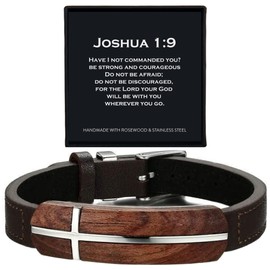 ARK & BAY Christian Leather and Rosewood Cross Bracelet For Men In Gift Box With Bible Verse Joshua 1:9 | Meaningful Religious Scripture Jewelry For Him | Catholic Watch Strap Style Wristband For Husband, Son, Nephew, Grandson, Dad, My Man, Boyfriend | G