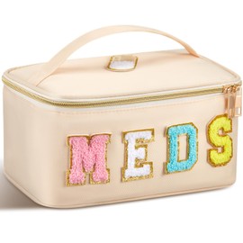 Geetery Chenille Letter Bag Nylon Meds Makeup Cases Preppy Patch with Zipper, Portable Cosmetic Toiletry Storage Bag for Women(Beige)