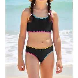 Magwei Teen Girls Swimsuits Two Piece Girls Bathing Suit Adjustable Shoulder Straps Bikini Sets with Chest Pad Size 9-16 Years (US, Age, 13 Years, 14 Years, Black)