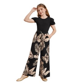 Floerns Girl's 2 Piece Outfit Puff Sleeve Round Neck Top and Tropical Print Belted Elastic High Waist Pants Sets Multicolor 10Y