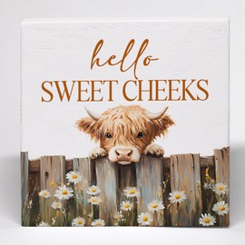 Yorhifa Rustic Farmhouse Highland Cow Gifts Bathroom Decor Wood Box Sign, Cow Decorations for Home Desk Restroom, Hello Sweet Cheeks Country Room Wooden Box Block Sign for Guest Restroom Shelf Decor