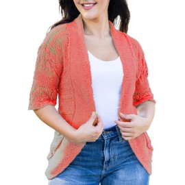Loxdonz Women's Short Sleeve Crochet Knitted Bolero Shrug Cardigan Cropped Sweater (Medium, Coral)