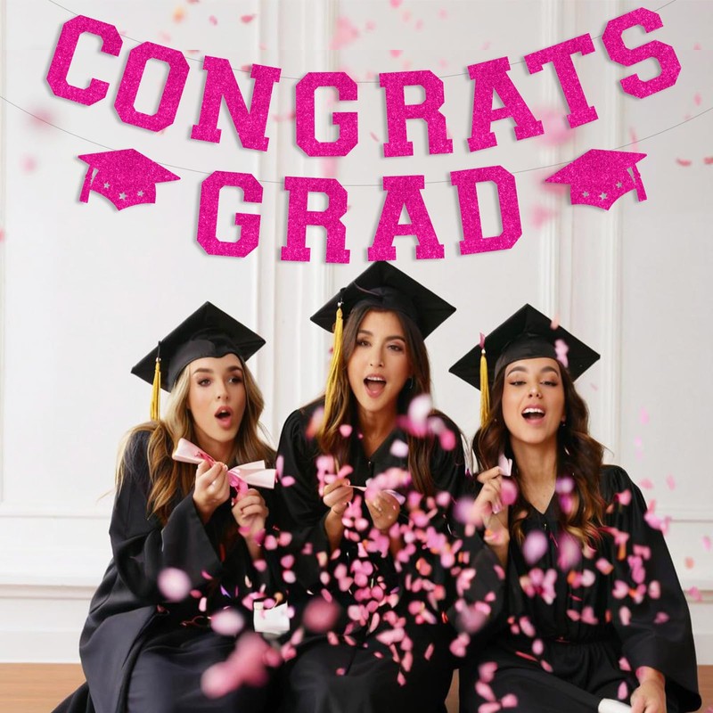 Wonmelody Graduation Decorations Hot Pink Congrats Grad Banner with Cap