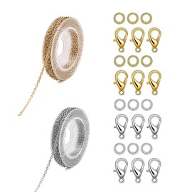 2 x 5 m Link Chains Sold by the Metre, Chains DIY Set, Chain Crafts, Stainless Steel Chain Band Jewellery Making, Jewellery Chain, Jewellery Link Chain with Lobster Clasp and Jump Rings for DIY