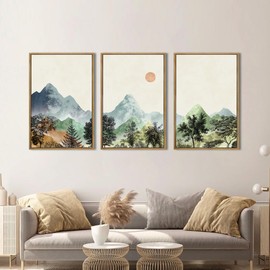 ANHUIB Mountain Wall Art 16x24 Inch Watercolor Landscape Wall Decor Sun Forest Painting Minimalist Pine Tree Artprint Nature Illustration Set of 3 for Living Room Dining Room Office
