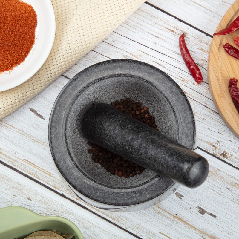 Polished Granite Mortar and Pestle Set, Stone Grinder Bowl for