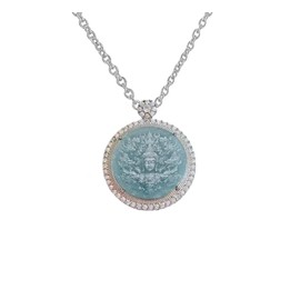 Luck Trader Certified Jade and Sterling Silver Crystal Guanyin Buddha Pendant Necklace, 18" chain, pendant 3.5cm in diameter.