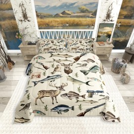 Erosebridal Hunting and Fishing Full Comforter Set,Deer Hunting Bedding Sets for Kids Boys Girls,Big Bass Pike Fish Quilt Bed Set,Rustic Cabin Lake House Bedroom Decor,2 Pillowcases Breathable