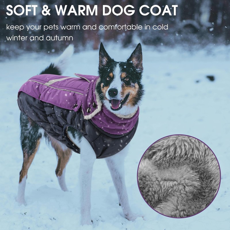Queenmore Warm Fleece Dog Jacket, Cold Weather Waterproof Snowsuit, Reflective
