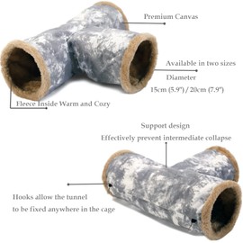 LeerKing 3 Way Guinea Pig Tunnel Canvas Rabbit Tunnels and Hides Rat Tube Hideout Sleep Collapsible Toy Accessories for Ferrets Squirrel Hedgehog Chinchillas Gray L