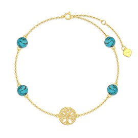 SISGEM 14K Real Gold Tree of Life Bracelet for Women,Yellow Gold Created Turquoise Beads Station Bracelets Hand Link Jewelry Anniversary Birthday Gifts for Wife Girlfriend 6.5''+2''