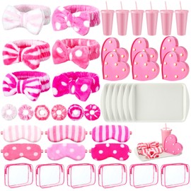 Wavyknot 42 Pcs Sleepover Party Supplies for Women Spa Party Favors Include 6 Sippy Cup 6 Trays 6 Eye Mask 6 Plush Headbands 6 Heart LED Lights 6 Scrunchies 6 Toiletry Bags for Slumber Party Supplies