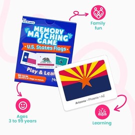 Menique U.S. States Flags Memory Matching Game – 100 Cards (50 Pairs) – Learn State Flags, Capitals & Abbreviations – Educational Card Game for Kids a