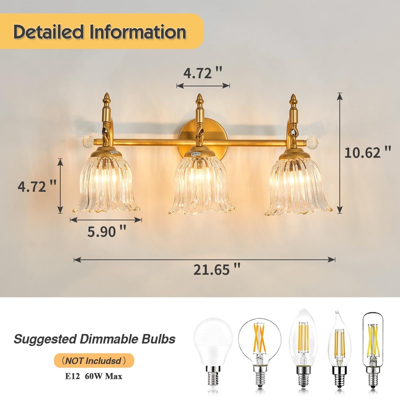 CVKASH 3-Light Bathroom Vanity Light Fixtures Over Mirror,Brushed Gold Modern