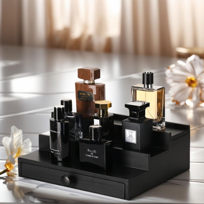 Black Wooden Cologne Organizer for Men - 3 Tier Wooden