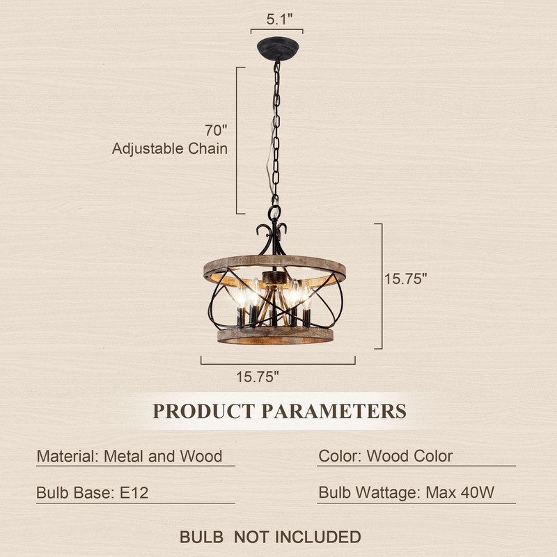 16“ Farmhouse Chandelier Light Fixture, 5-Light French Country Wood Chandelier