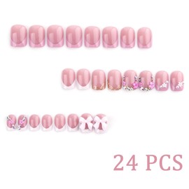 24Pcs French Tip Press on Nails Short Square Fake Nails with Charms Bow Flower Design Pink French False Nails Cute Bow Rhinestones Acrylic Nails for Women Daily Wear Manicure