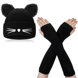 FRIUSATE Women's Cat ERAS Beanie Hat, Crochet Hats for Women Knitted Winter Warm Ski Beanie Hat for Women Slouchy Beanie Hat with Long Fingerless Gloves for Women Black