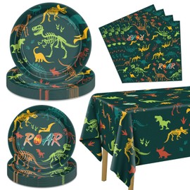 61 Pcs Dinosaur Birthday Decorations - Including Dinosaur Plates, Napkins, Dino Tablecloth Birthday Decorations for Boys Kids Dinosaur Birthday Supplies, Serve 20 Guests