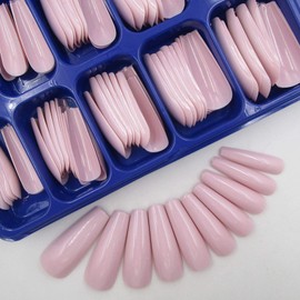 LoveOurHome 100pc Long Coffin Press on Nails Colored Artificial Fake Nails Full Cover Ballerina Acrylic Nail Tips 10 Size with Case (Light Khaki)