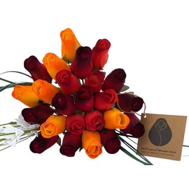 The Original Wooden Rose Bouquet of Dark Fall Harvest Colors Yellows, Oranges, Reds (2 Dozen)
