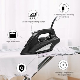AEMEGO Steam Iron for Clothes Portable Anti Drip Clothes Iron Steam with Non Stick Ceramic Soleplate Auto-Off Self-Cleaning Function Travel Iron with Visible Water Tank for Home (1700W Black)