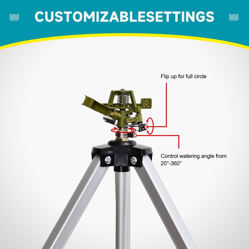 Impact Sprinkler Head on Tripod Base, Heavy Duty Lawn Sprinklers,
