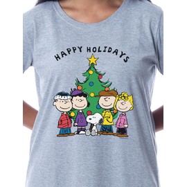 INTIMO Peanuts Womens' Happy Holidays Character Charlie Brown Snoopy Lucy Van Pelt Linus Van Pelt Sally Brown Christmas Nightgown Sleep Pajama Shirt (X-Small)