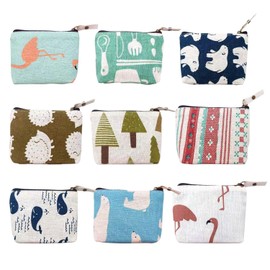 SLAXJNE 9 Pieces Women Purse Cartoon Purse Canvas Cosmetic Bag Mini Key Bag Portable Purse, multicoloured, Modern