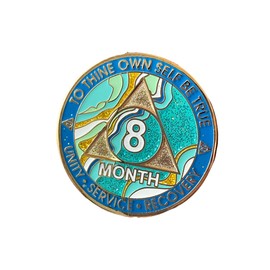 8 Month AA Medallion Elegant Marble Caribbean Aqua Glitter Sobriety Chip