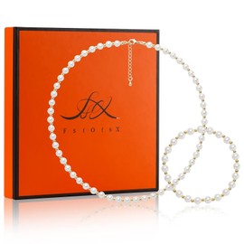 FSFOFSX Luxury Beaded Pearl Stainless Steel 18K Gold Plated Necklace Bracelet Set - Pearl Strand Necklace Costume Jewelry Gifts For Women And Girls