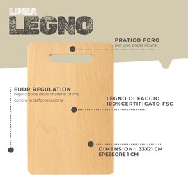 Fackelmann Tagliere per preparare e servire in tavola, con foro per il trasporto e la sistemazione, materiale in legno di faggio di alta qualità, dimensione 33 x 21 x 1 cm, Linea Legno